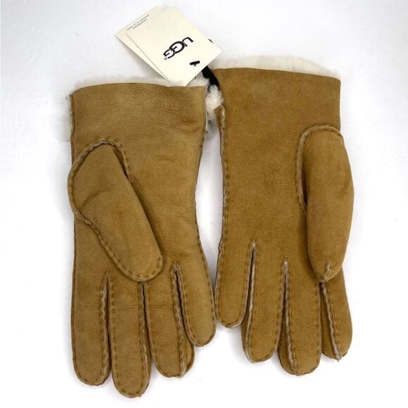 UGG Exposed Sheepskin Shearling Cuff Glove Hand Sewn Chestnut NEW $155 - Picture 6 of 7